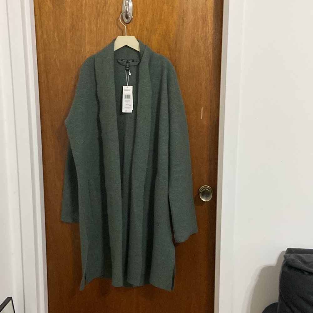 Oversized forest green cardigan by Eileen Fisher. Brand new with tags.
